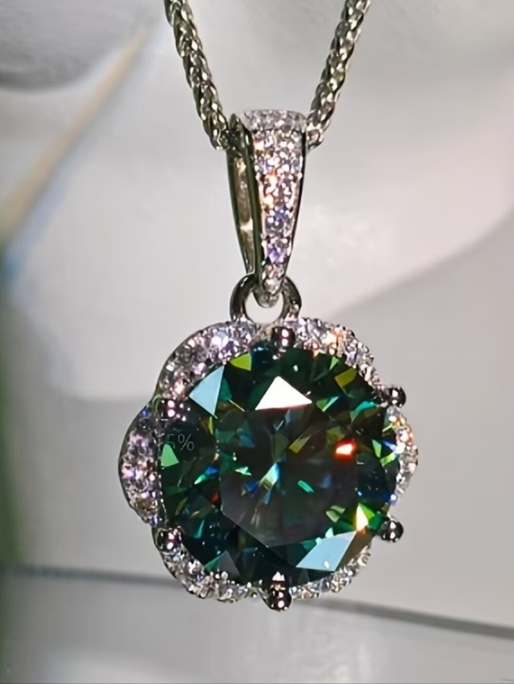 10 Carat Moissanite Emerald Green Halo/ Pendant 925 Sterling Silver Necklace.